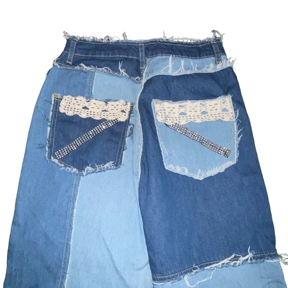 Upcycled Denim Jeans Bell Bottom Size Medium Leopard Raw Edges Handmade Retro - Picture 6 of 6